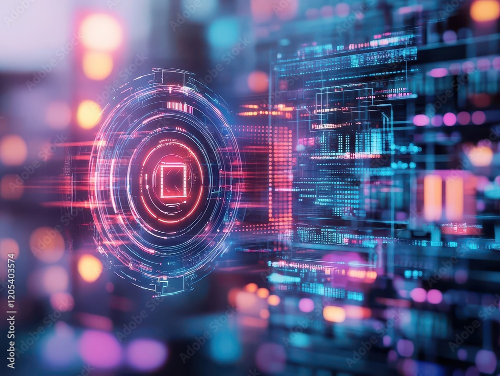 Poster Futuristic Digital Interface Glowing with Red and Blue Lights Creating an Engaging Technological Atmosphere Ideal for Innovation and Connectivity