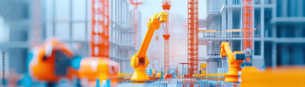 Poster dynamic construction site featuring towering cranes and emerging buildings against a clear blue sky 