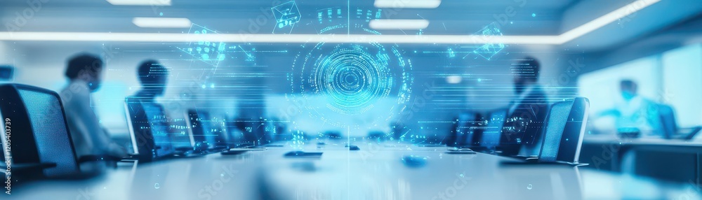 Poster Futuristic Office Interior Featuring Innovative Technology and Sleek Design with Advanced Interfaces Promoting Productivity and Modern Work Environment