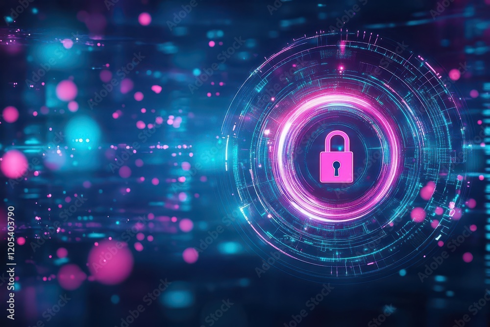 Aufkleber mysterious lock illuminated by vibrant pink and blue lights against a dark background evoking intrig