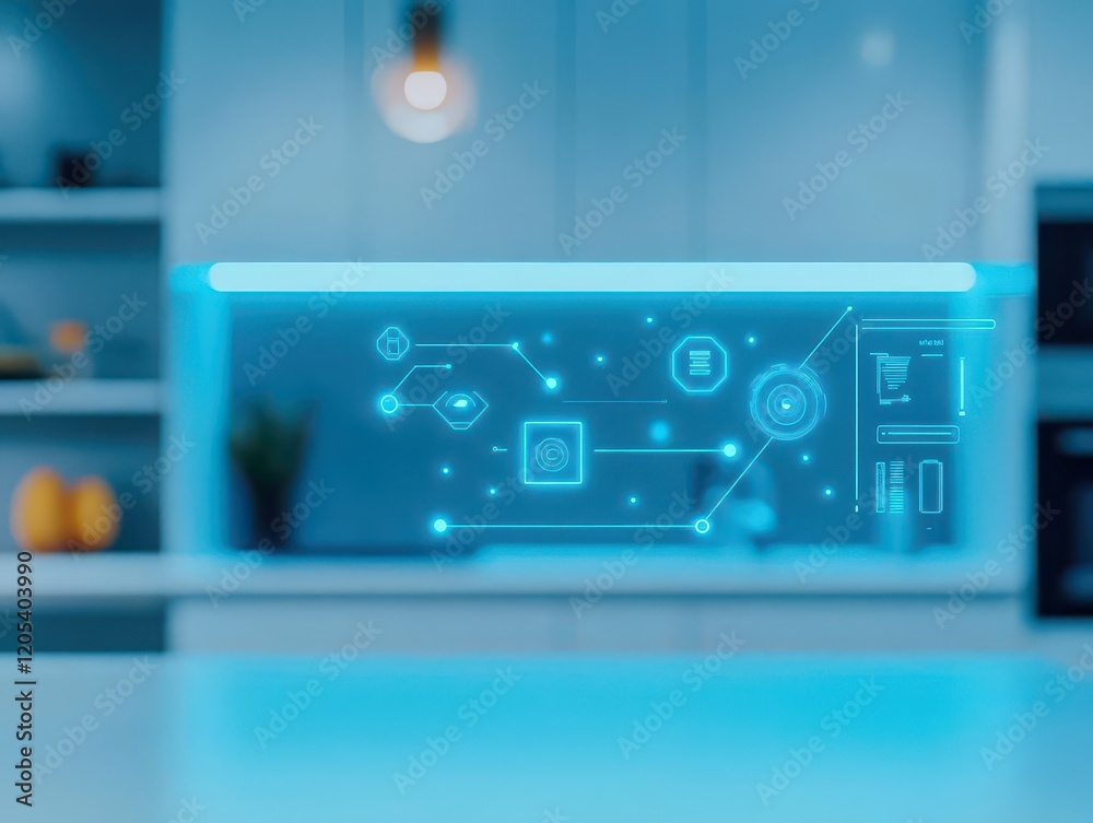 Poster Illuminated Blue Light on a Table Surrounded by Futuristic Robot Icon Creating a Modern and Innovative Atmosphere in a Contemporary Setting
