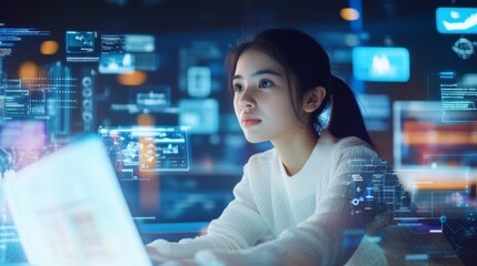 A student participating in virtual classrooms and interactive learning modules, with digital textbooks and collaborative tools enhancing educational experiences, Virtual education scene