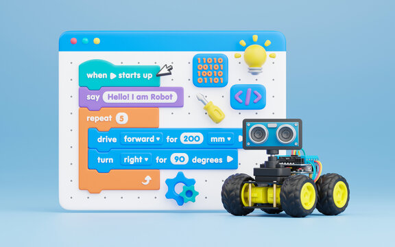 Block coding for kids teaching learning creative basics beginners remotely controlled automation robotic car vehicle programming education skill Technology STEM. 3d rendering.