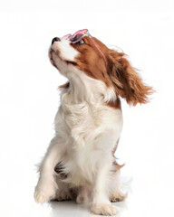 curious spaniel dog with love sunglasses turning to side