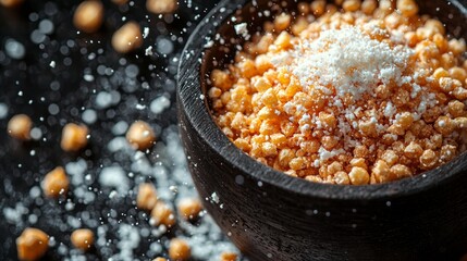 Rustic bowl of golden couscous sprinkled with herbs