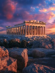 Obraz premium The Acropolis Theatre, bathed in soft twilight hues, is brought to life in this 4K image, its timeless architecture set against the vibrant Greek sky