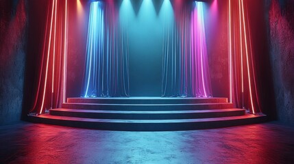 Neon stage with velvet curtains and circular steps.