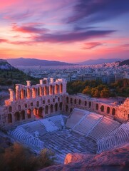 The Acropolis Theatre, bathed in soft twilight hues, is brought to life in this 4K image, its timeless architecture set against the vibrant Greek sky