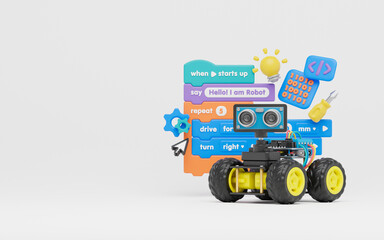 Block coding for kids teaching learning creative basics beginners remotely controlled automation robotic car vehicle programming education skill Technology STEM. 3d rendering.