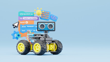 Block coding for kids teaching learning creative basics beginners remotely controlled automation robotic car vehicle programming education skill Technology STEM. 3d rendering.