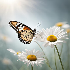 Obraz premium A delicate butterfly perched on a daisy, with soft sunlight illuminating the scene, creating a peaceful and serene atmosphere in nature.