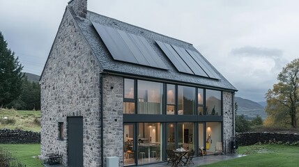 Obraz premium Modern sustainable house with energy-efficient glass windows, natural stone exterior, and a rainwater catchment system on the roof