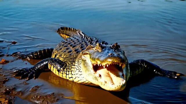 crocodile lies gaping mouth. Alligator farm, Pattaya, Thailand. saltwater crocodile Crocodylus porosus. crocodile is crawling. crocodile eye and sharp teeth. Dark blue reptile Alligator creeps slowly