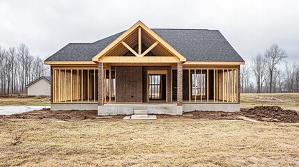 Obraz premium Newly framed house, with timber supports and a solid foundation in place, awaiting completion in a quiet residential neighborhood