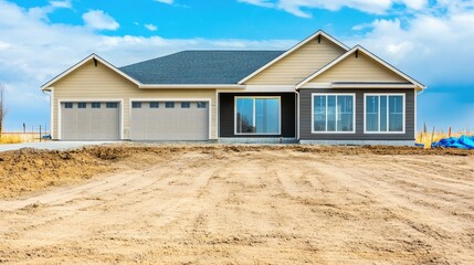 New construction home with a modern facade, freshly built with clean lines and large windows, awaiting the finishing touches, on a peaceful suburban street