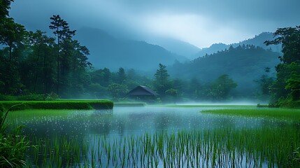 Fototapeta premium Misty dawn, rice paddy hut, mountain landscape, serenity