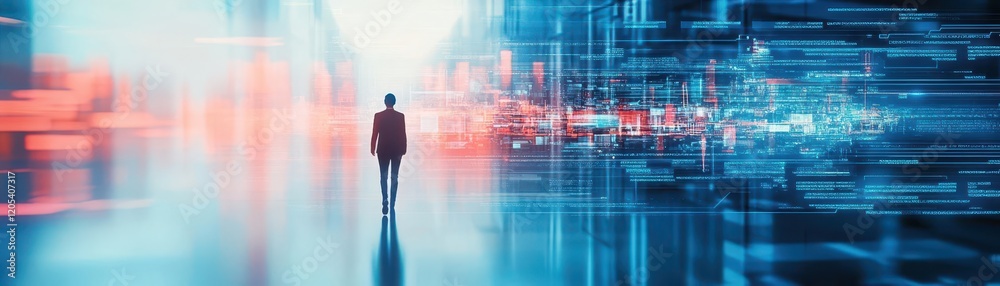 Aufkleber silhouetted figure contemplating the digital cityscape at dusk with glowing lights and futuristic ar