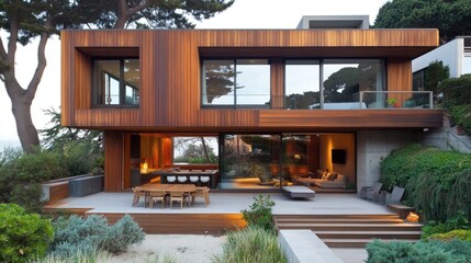 Fototapeta premium Sophisticated modern house with sleek wooden panels, large windows, and an inviting outdoor lounge area, blending contemporary aesthetics with natural elements