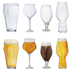 Watercolor set of different shapes of glasses for different types of beer that can be used fot a menu in a bar or pub