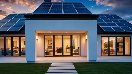 Modern house with solar panels, evening light, showcasing sustainable architecture and serene outdoor aesthetics