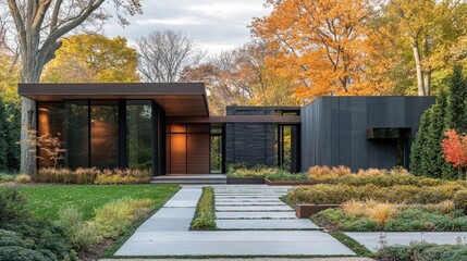 Fototapeta premium A beautiful contemporary home design with geometric patterns, modern landscaping, and a minimalist entrance, creating an open and airy atmosphere