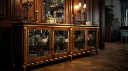 A photo of a rack of elegant credenzas and buffets.