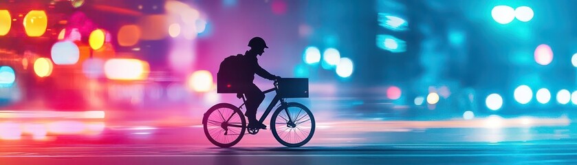 A shadow of a delivery person on a bicycle, city streets with glowing lights, urban and dynamic