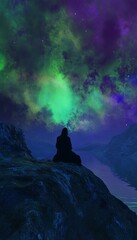 Solitary figure on rock under vibrant aurora borealis, evoking wonder and tranquility