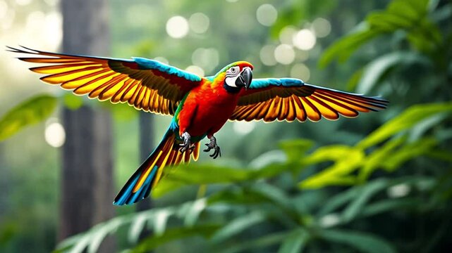 L'envol du perroquet rouge coeur de la jungle tropicale du br&eacute;sil | IA / AI  