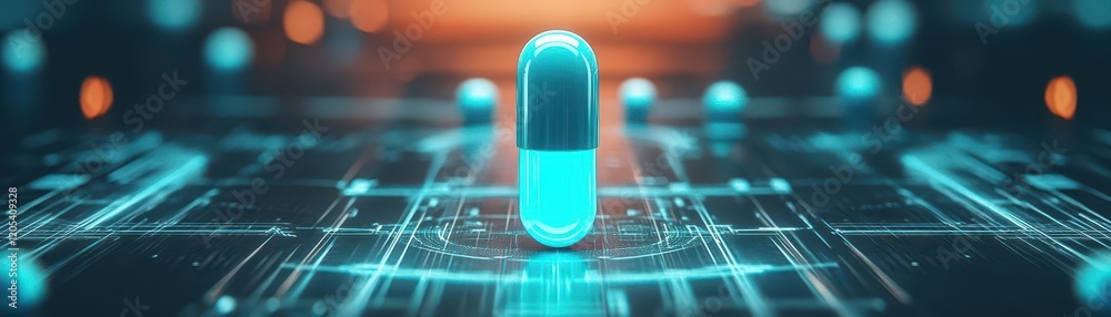 Poster Futuristic Pill Resting on Sleek Surface with Abstract Patterns and Soft Lighting Creating an Innovative and Modern Atmosphere of Health and Wellness