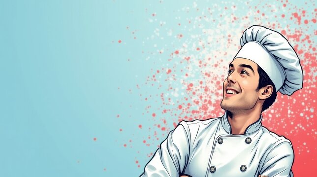 A Chef in White in a Comic Style Illustration with a Blurry Background