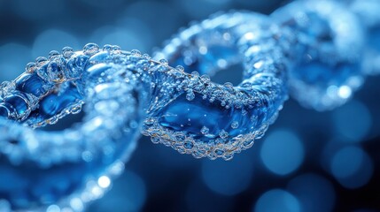 Blue water helix, bubbles, bokeh background, science