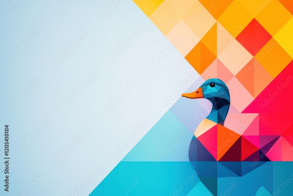 Poster A Charming Duck Perched on a Vibrant Geometric Background Radiating Colorful Patterns and Shapes Evoking a Playful and Artistic Atmosphere