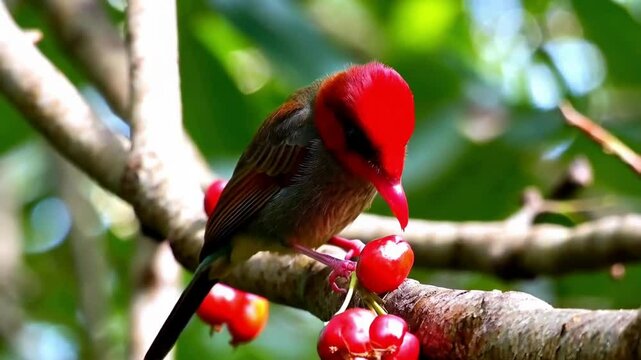 Red-faced Mousebird clinging onto a branch and eating berries. Closeup portrait of rare african bird. Bird watching, ornitology. Wild life nature birds of South Africa. Bright bird with red beak