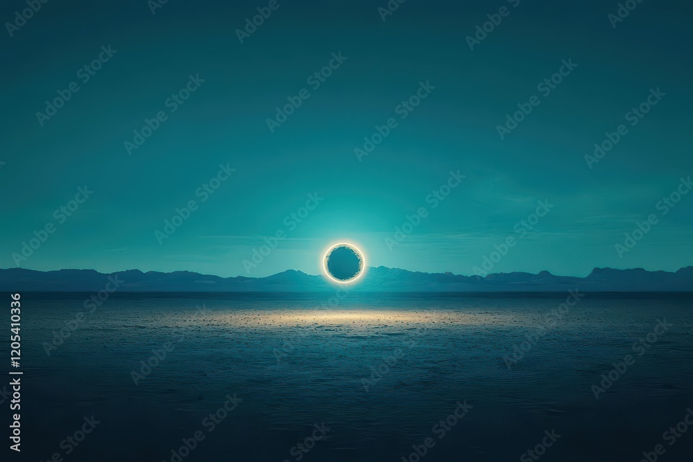 Poster breathtaking solar eclipse casting shadows over tranquil waters creating a majestic celestial phenom