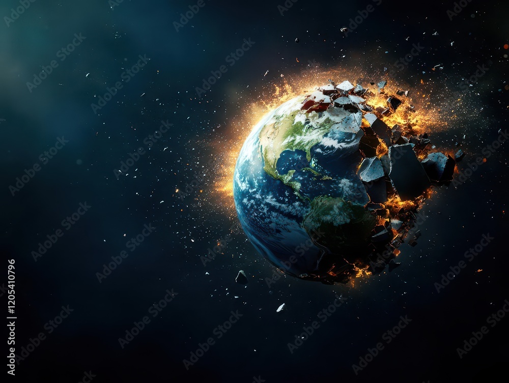 Poster fiery planet erupting with flames and smoke against a dark cosmic background highlighting the power 