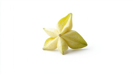 A star fruit, vividly colored, is sliced in half, showcasing its unique star shape and juicy interior, inviting viewers to appreciate its exotic appeal.