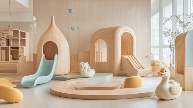 Indoor minimalist duck playground featuring clean lines, natural wood duck-shaped equipment, and soft pastel accents for a modern play space