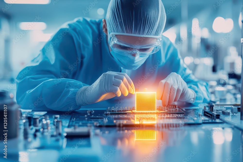 Poster Dedicated Scientist Analyzing Intricate Semiconductor Chip in High-Tech Laboratory Environment with Focused Expression and Innovative Equipment Surrounding