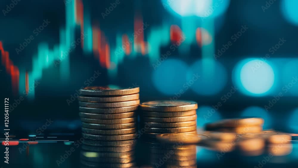 Poster Stacks of gold coins symbolize increasing profits reflecting positive investment performance against backdrop of stock market chart displaying financial data insights