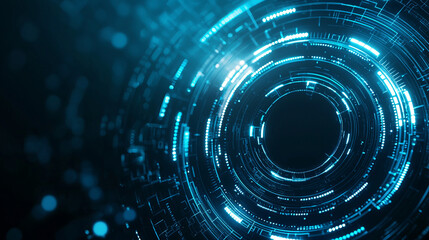 Obraz premium Glowing circular technology design with blue light and digital patterns, creating futuristic atmosphere