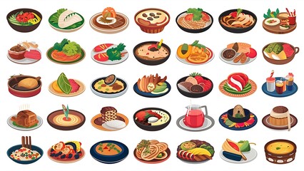 Big vector set: food icons (various delicious dishes). Traditional cuisine. Main course of different