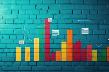 A towering brick wall with business charts painted on it, symbolizing challenges, sharp contrast
