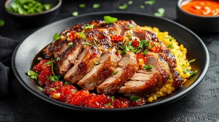 Juicy roasted duck breast with a crispy outer layer, styled with vibrant sauces for modern appeal