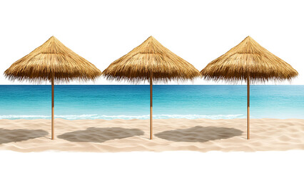 Elegant Tropical Straw Beach Umbrellas on Pristine Sand with Crystal-Clear Blue Ocean Background: Perfect for Summer Travel, Vacation Designs, and Resort Marketing