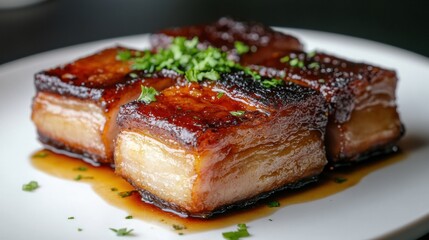 Juicy pork belly with soft lighting, emphasizing the crispy texture and succulent interior, styled on a minimalist white plate