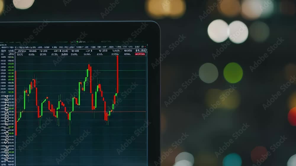 Poster displaying a green and red candlestick chart of bitcoin price movements on a laptop against a backdr
