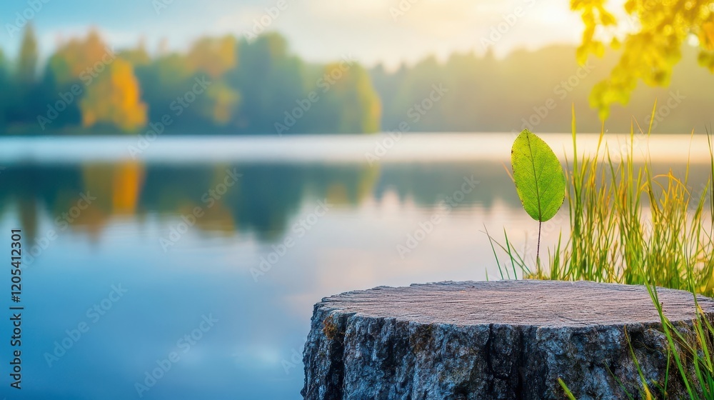 Poster closeup of an aged tree stump topped with a vibrant green leaf surrounded by natural textures and ea