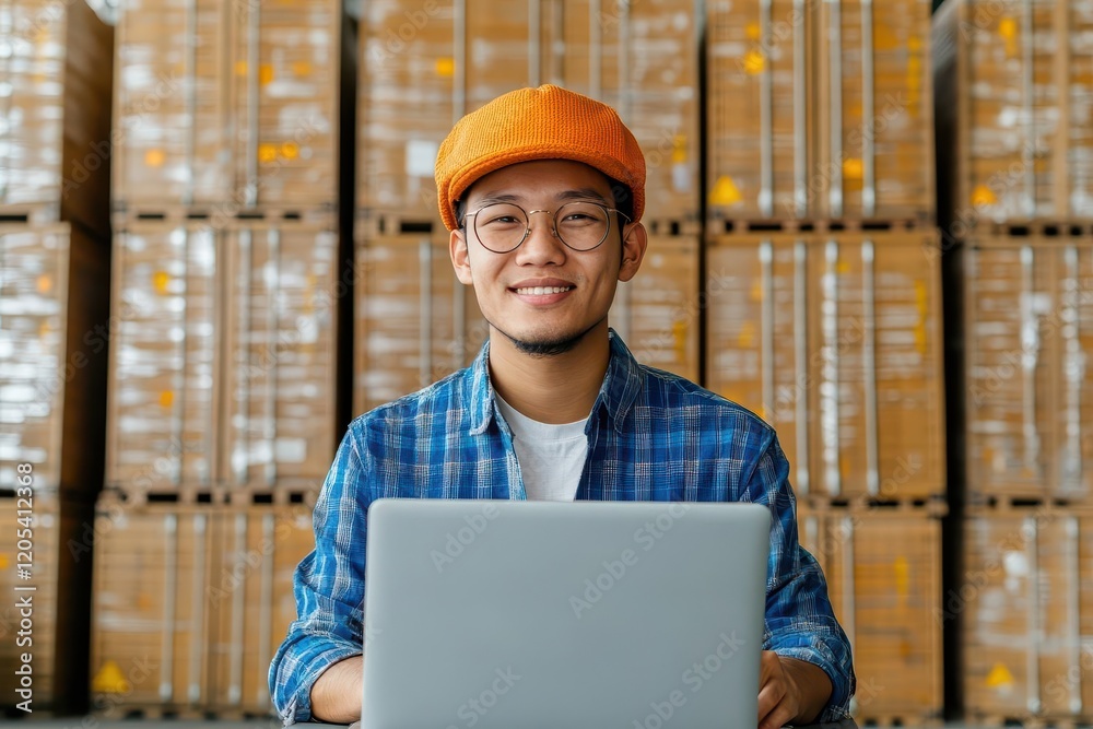 Aufkleber focused man working on laptop in an industrial warehouse setting surrounded by shelves and boxes cre