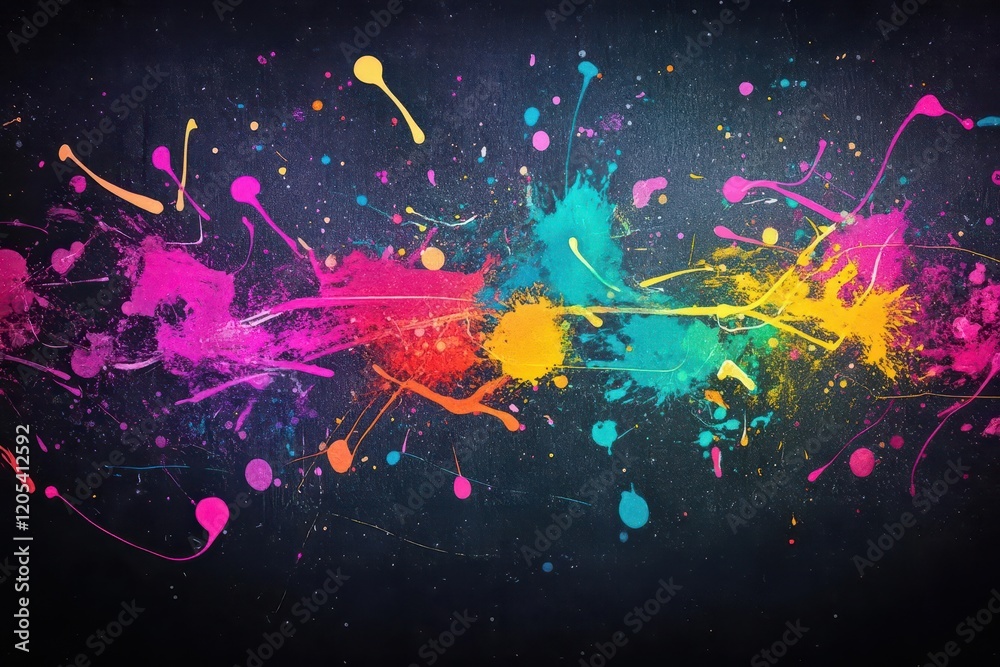 Poster Vibrant Colorful Paint Splatters on Rich Black Background Creating a Dynamic and Artistic Visual Display Evoking Creativity and Energy in Modern Art